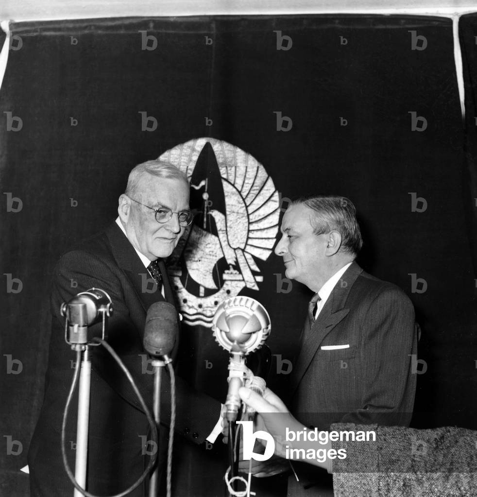 French Foreign Minister Georges Bidault Greeting American Secretary of State To Foreign Affairs John Foster Dulles at Paris Airport April 13, 1954 , They Meet To Discuss The Situation in Indochina (Dulles Arriving From-London Where He Met Anthonyeden About The Same Issue) (b/w photo)