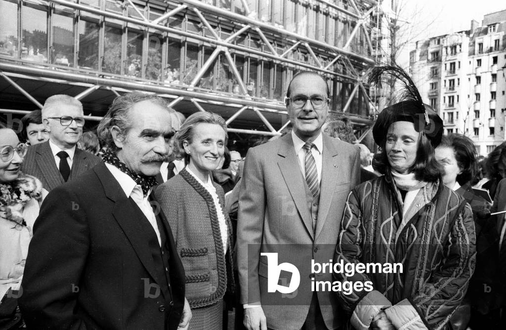 French Sculptors Jean Tinguely (L) and Niki De Saint-Phalle (R) With Mayor of Paris Jacques Chirac and his Wife Bernadette during Inauguration of The Fountain in Paris March 16, 1983 (b/w photo)