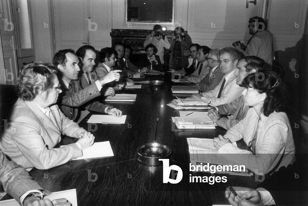 Meeting Between Communists Charles Fiterman and Georges Marchais and Socialists Lionel Jospin Et Paul Quiles in Paris June 2, 1981 (b/w photo)