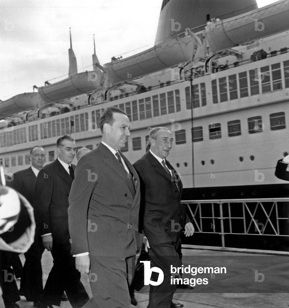 Michel Debre at Launching of French Liner France in Le Havre, January 11, 1962 (b/w photo)