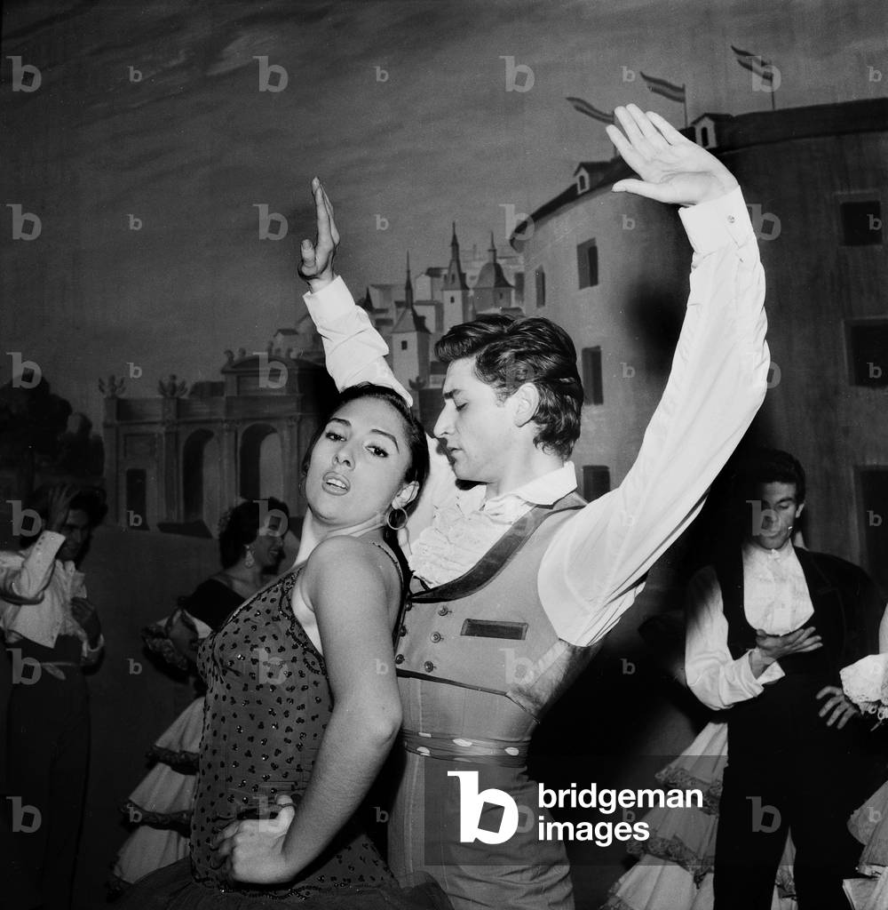 Nana Lorca and Antonio Gardes, The Spanich Dancers of Pilar Lopez (Flamenco) on Stage in Paris January 28, 1960 (b/w photo)