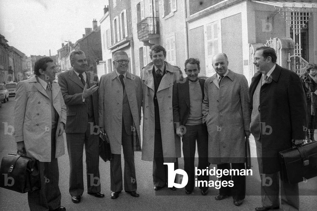Debate organized by French radio station Europe 1 in Paray le Monial, France, March 6, 1978 before General Election : Michel Crepeau, Rene Monory, Jean-Pierre Fourcade, Etienne Mougeotte, ?, Claude Estier and Charles Pasqua (b/w photo)