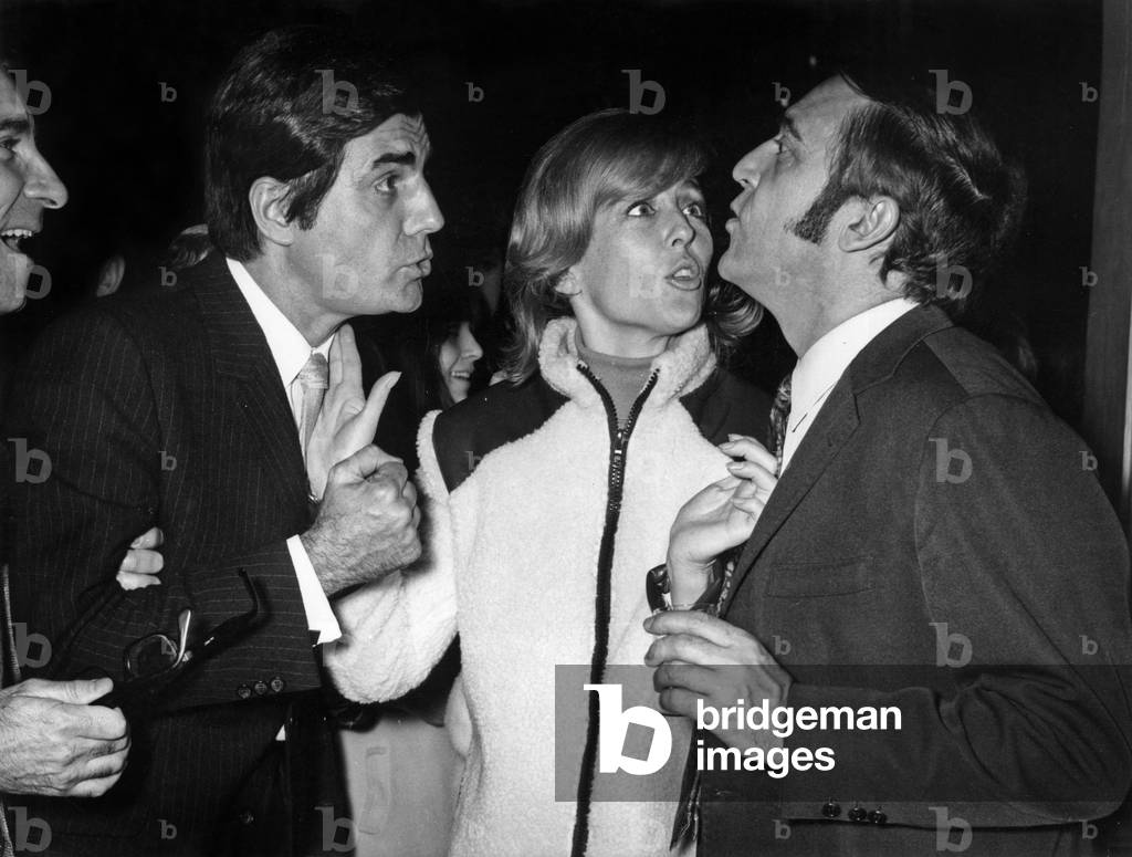 Roger Pierre and Jean Marc Thibault Congratulated By Nicole Courcel in Paris, on November 8, 1967 (b/w photo)