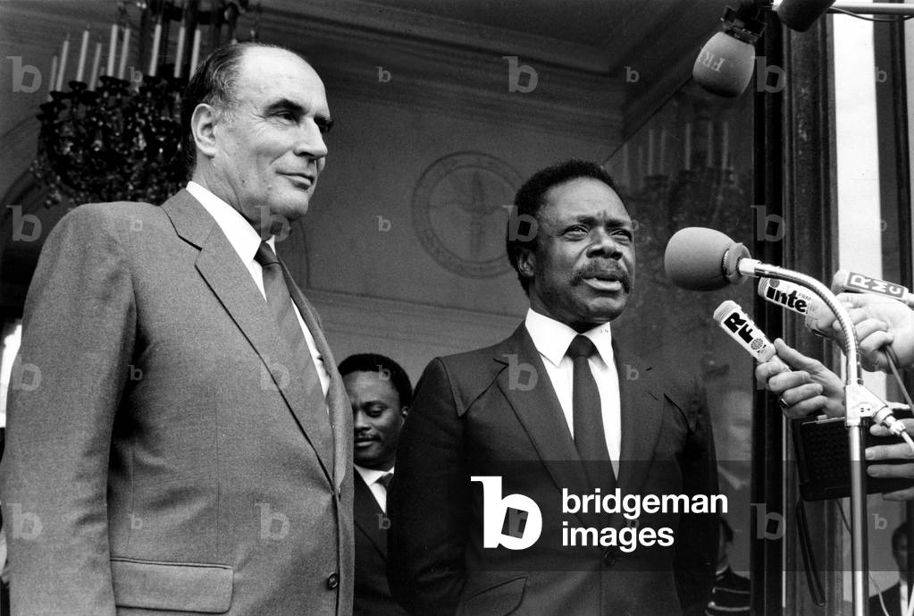 French President Francois Mitterrand and President of Gabon Omar Bongo in Paris, Elysee Palace, July 31, 1981 (b/w photo)