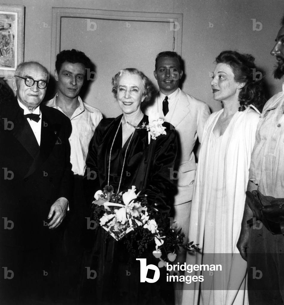 Writer Paul Claudel With his Actors Jean Louis Barrault and Edwige Feuillere , Congratulated By Elizabeth of Wittelsbach (Former Queen of Belgium and Former Duchess of Bavaria) After Premiere of Play 
