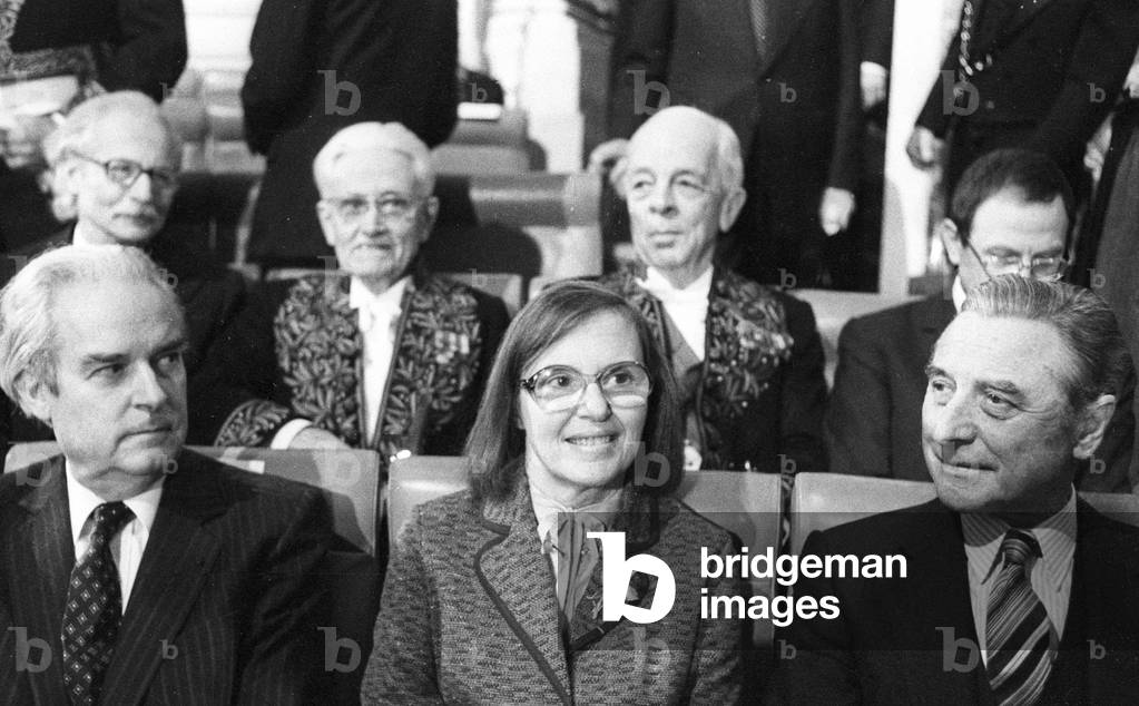Yvonne Choquet Bruhat, French Mathematician, here on January 7, 1980 at Sciences Academy, Behind Yvonne Choquet Bruhat : Professor Jean Bernard (b/w photo)