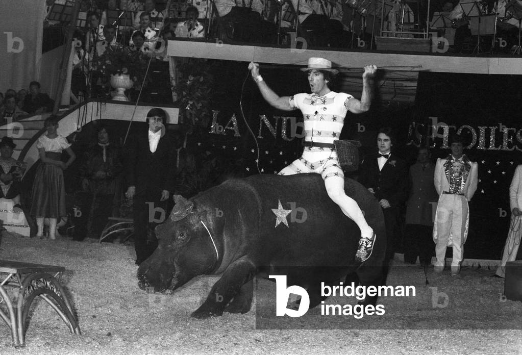 French Actor With An Hippopotamus at The Gala De L'Union Des Artistes, November 23, 1981 (b/w photo)