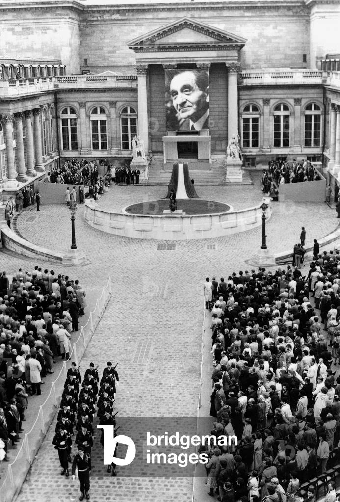 National Homage Given To French Politician Pierre Mendes France After his Death in The Courtyard of National Assembly October 27, 1982 (b/w photo)