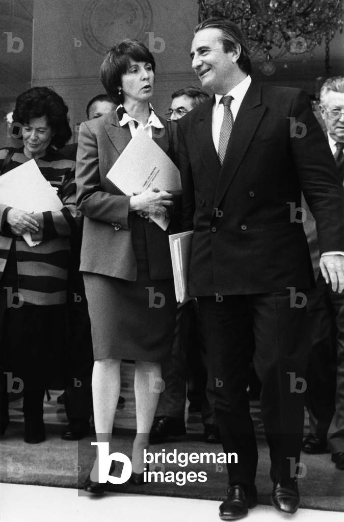 Catherine Tasca, French Minister For Communication With Jean Pierre Soisson, French Minister of Social Affairs and Employment, After A Minister Council, Elysee Palace, Paris, May 17, 1989 (b/w photo)