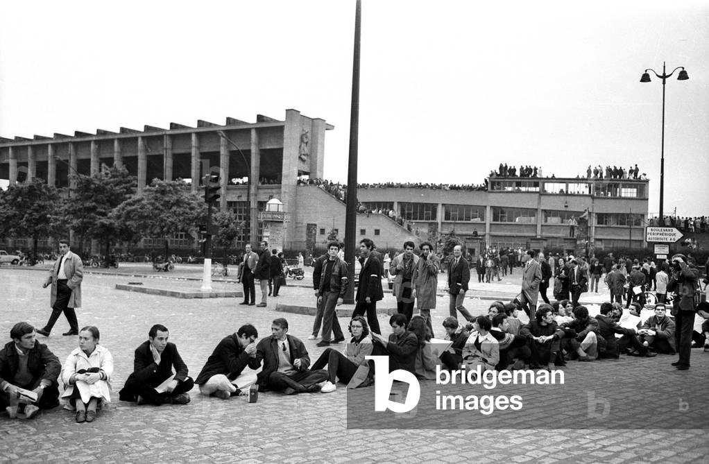 Students Outside Charlety Stadium in Paris on May 27, 1968 (b/w photo)