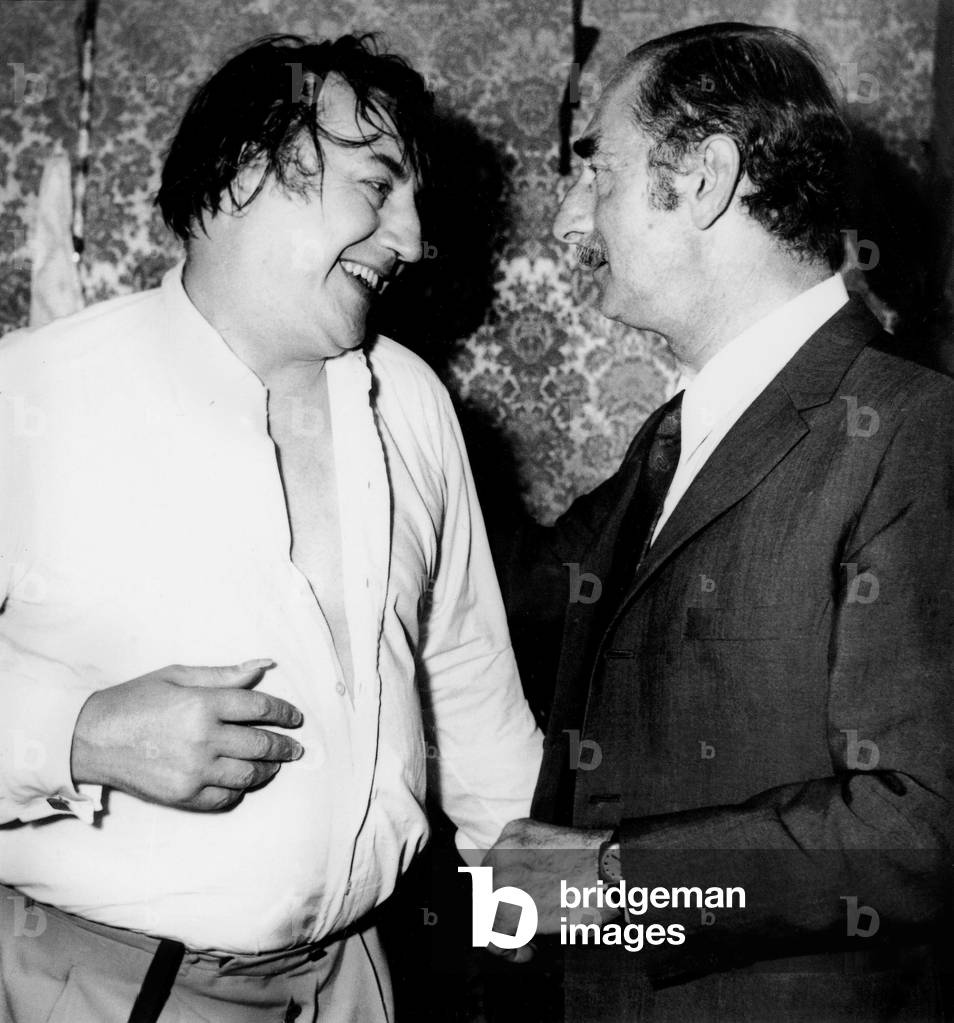 French Humorist Raymond Devos Congratulated By Achille Zavatta After Premiere in Bobino May 13, 1971 (b/w photo)