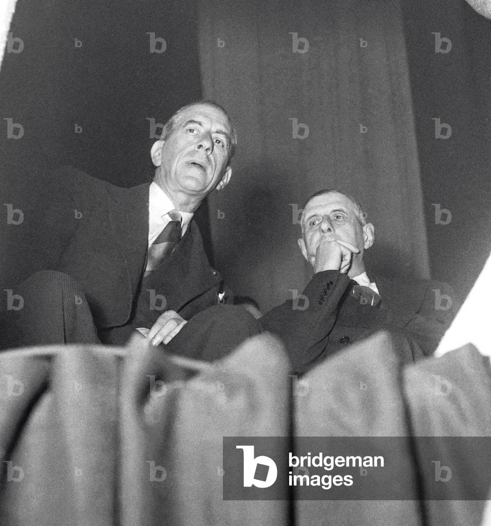 Election campaign (General Election) of French General Charles de Gaulle, meeting of the RPF at the Vel d'Hiv, Paris, June 8, 1951 : Gaston Palewski and Pierre de Gaulle (b/w photo)