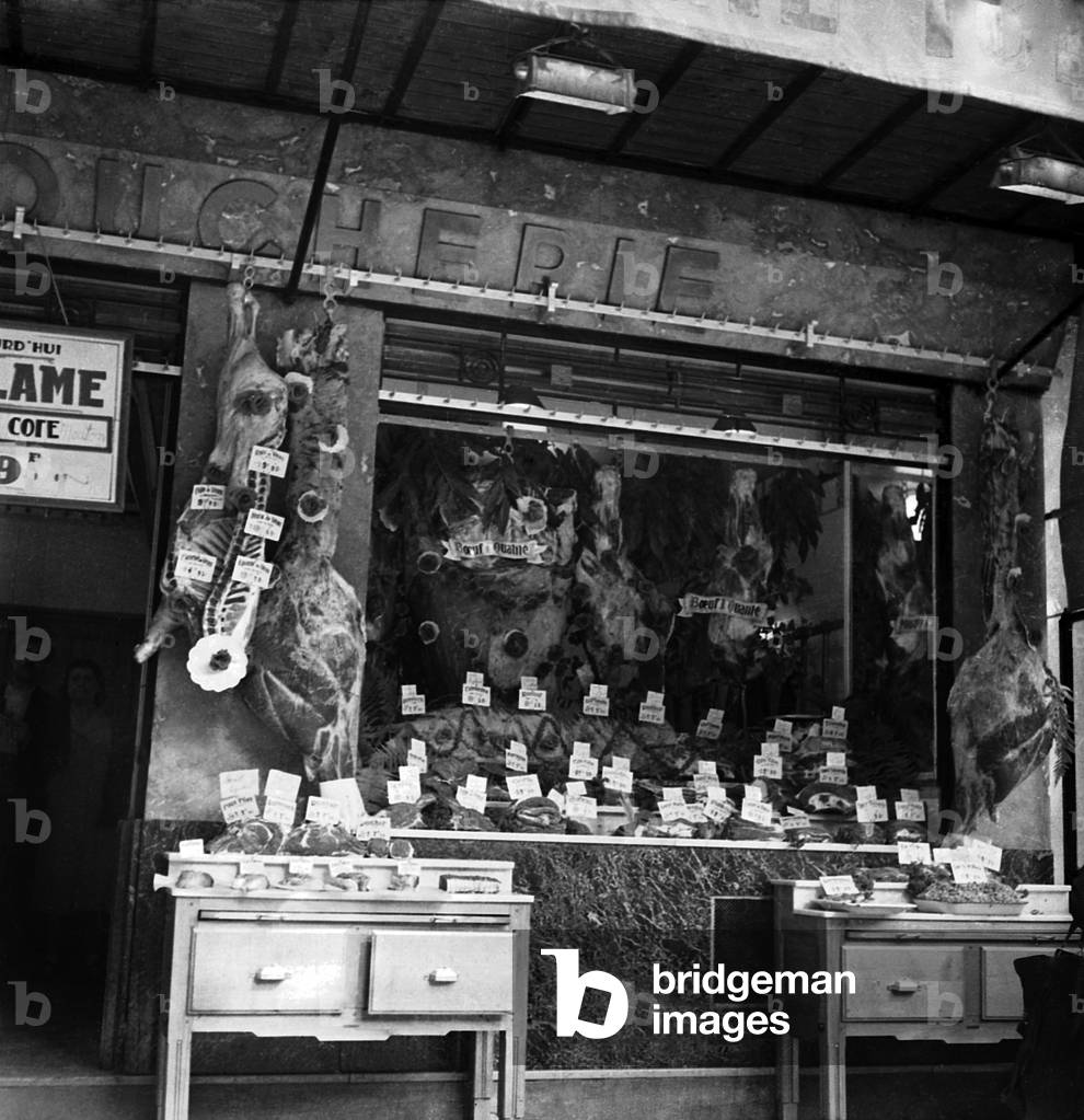 A Butcher'S Shop in Paris (Tolbiac Street), 1946 (b/w photo)