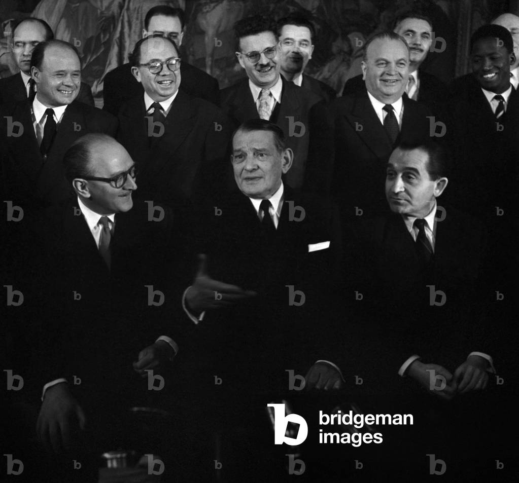 Guy Mollet, French Head of Government, Rene Coty French President, and Pierre Mendes France on February 1St, 1956 (b/w photo)