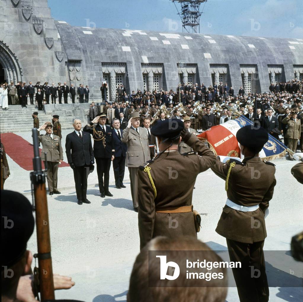 On May 29, 1966, Commemoration For 50Th Anniversary of Battle of Verdun : French President Charles De Gaulle in Douaumont (At Ossuary) With French Minister of Defence Pierre Messmer (L) and his Aide-De-Camp Claude Gay (C) (photo)
