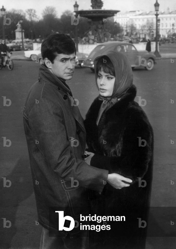Sophia Loren and Anthony Perkins in Paris January 28, 1962 on Set of Film Five Miles To Midnight