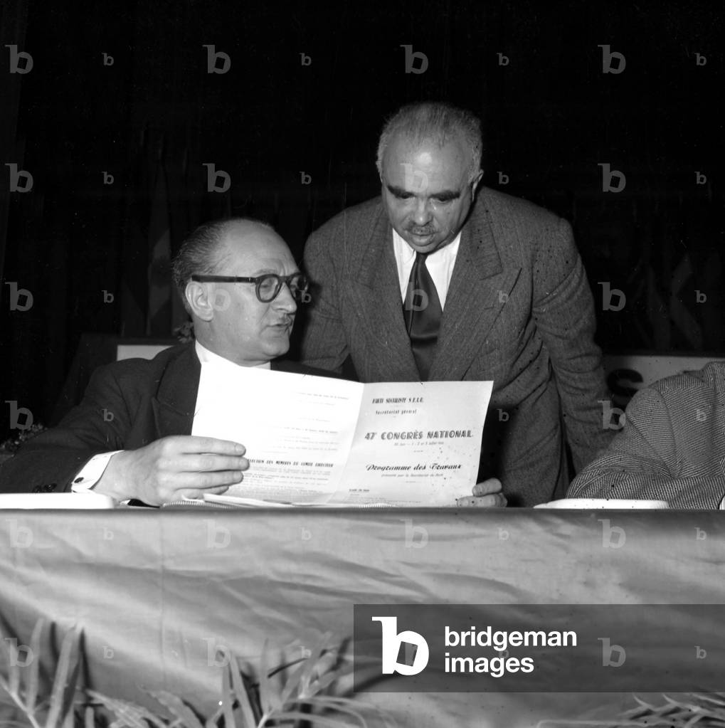 47Th Conference of Socialist Party, France June 30, 1955 : Guy Mollet (Seated) and Edouard Depreux (b/w photo)