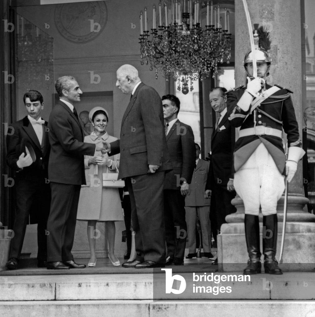 Shah of Iran Mohammad Reza Pahlavi With his Wife Empress Farah Diba (Behind) and President Charles De Gaulle at Elysee Palace on June 6, 1967 (b/w photo)