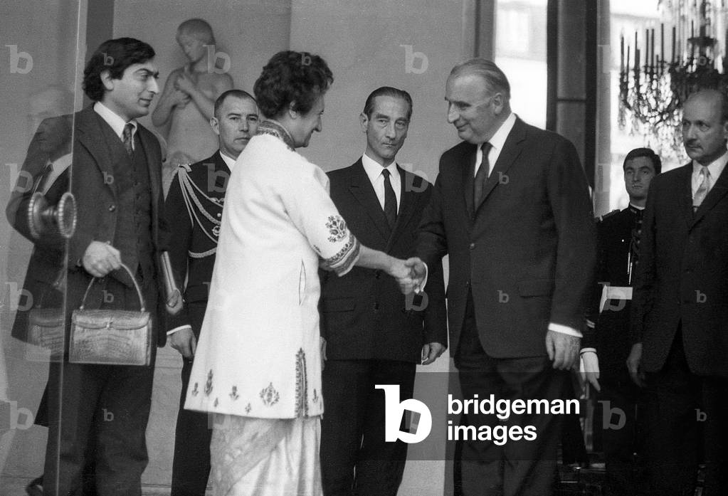 Indira Gandhi, Indian Prime Minister, and French President Georges Pompidou, at Elysee, Paris, November 8, 1971 (b/w photo)