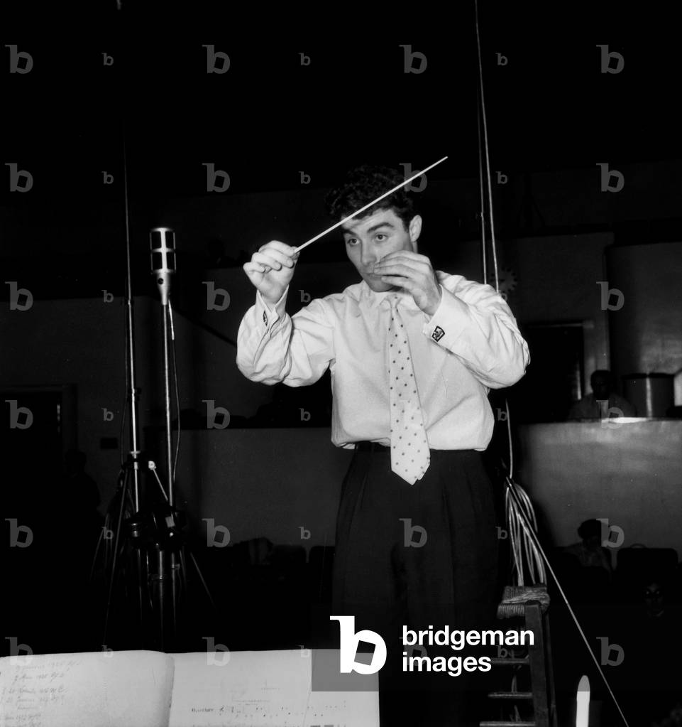 French Symphony Conductor Roberto Benzi during Recording Session of his First Record February 5, 1960 (b/w photo)