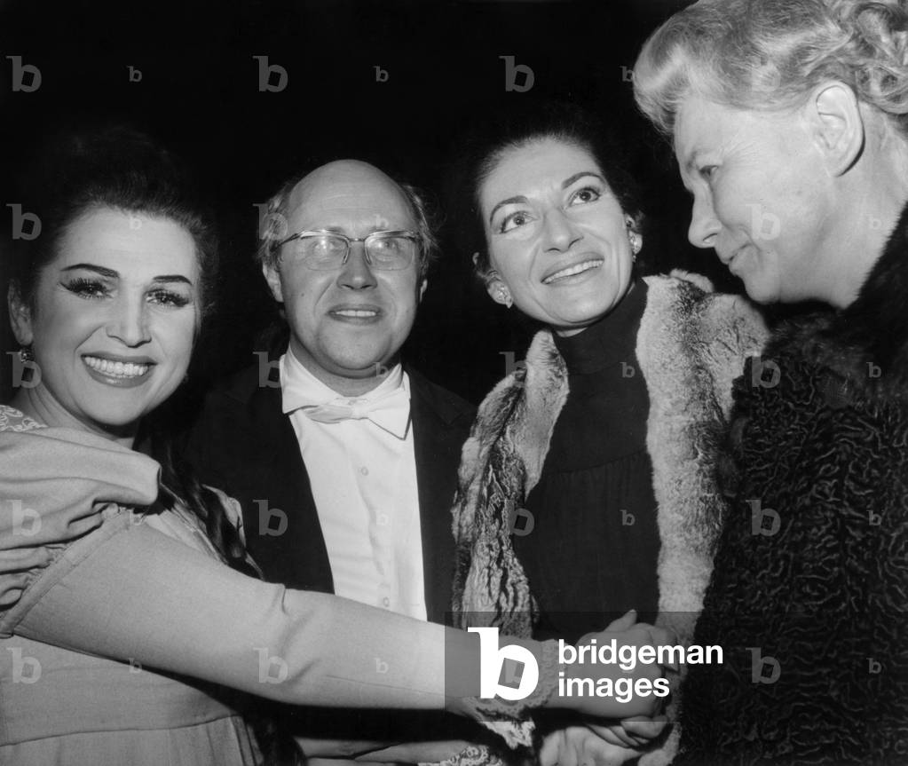 L-R : Galina Vichnevskaia, her Husband Mstislav Rostropovitch, Maria Callas and Ekaterina Furtseva, Soviet Minister of Culture, December 24, 1969 (b/w photo)