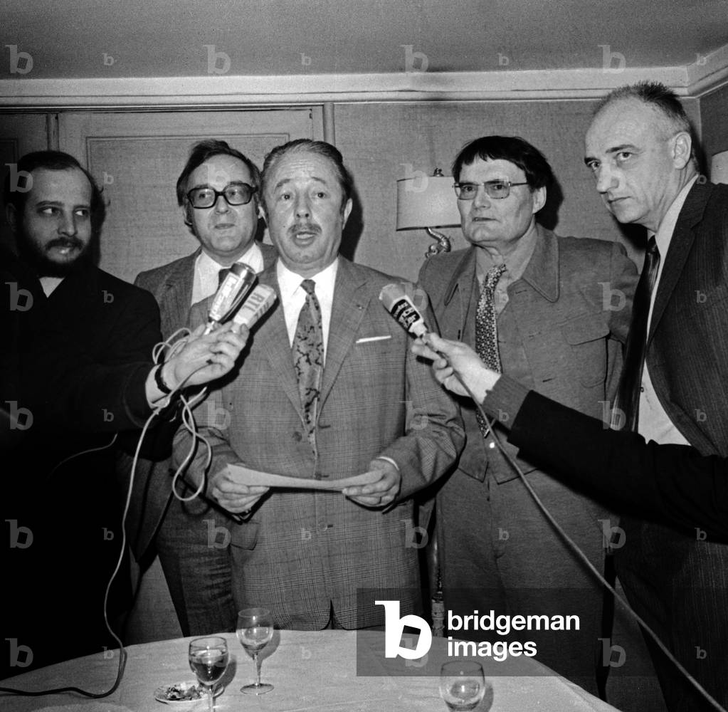 Election of Michel Tournier As A Member of The Academie Goncourt, With Armand Lanoux, Robert Sabatier (L), Herve Bazin Et Bernard Clavel (R). February 8, 1972 (b/w photo)