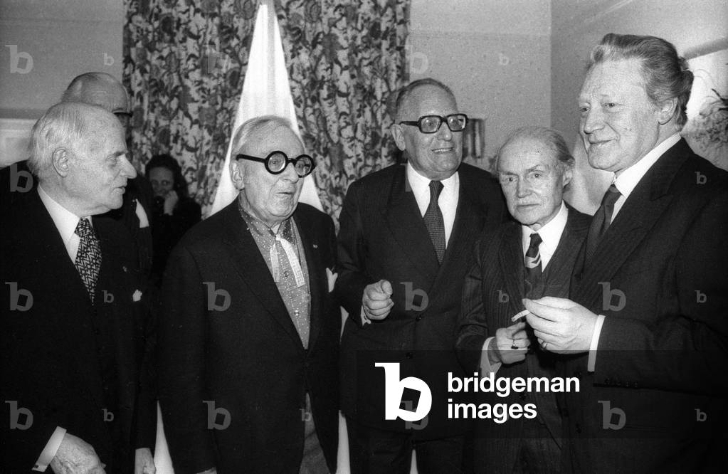 French Writers Jacques Rueff, Marcel Achard, Maurice Schuman, Maurice Genevoix and Maurice Druon For Election of Maurice Schuman and Robert Aron at The Academie Francaise, March 7, 1974 (b/w photo)