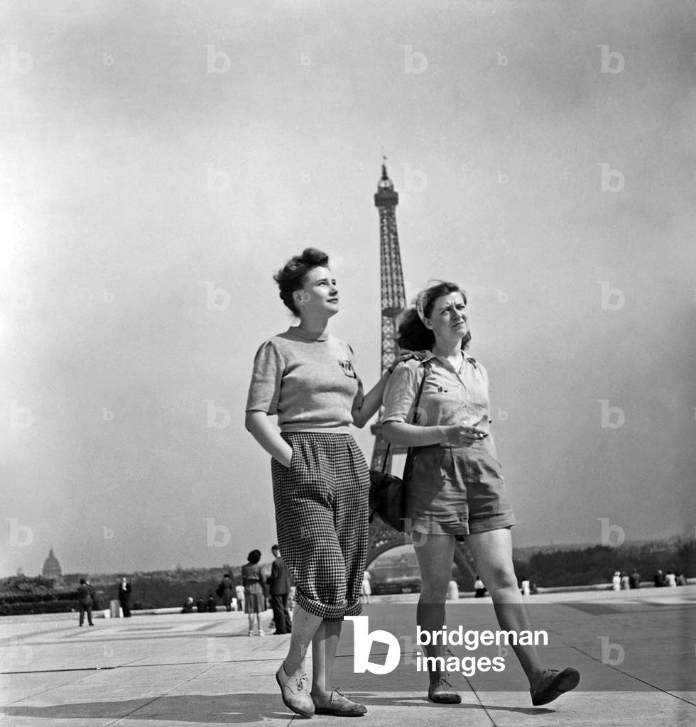 Dutch Tourists Visiting Paris, July 1947 (Here at Trocadero, Eiffel Tower) (b/w photo)