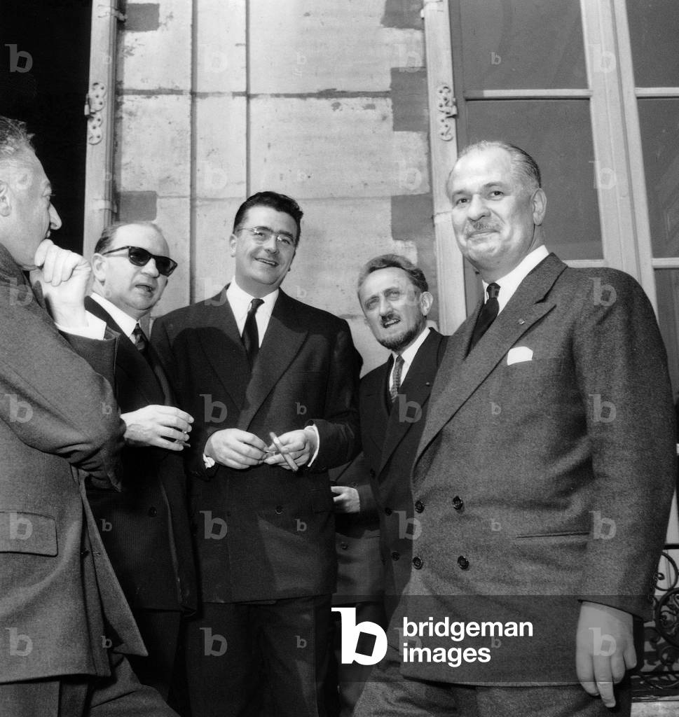 Edgar Faure Felix Gaillard Francis Perrin and Gaston Palewski at Conference For Pacific Use of Nuclear Energy April 21, 1955  (b/w photo)
