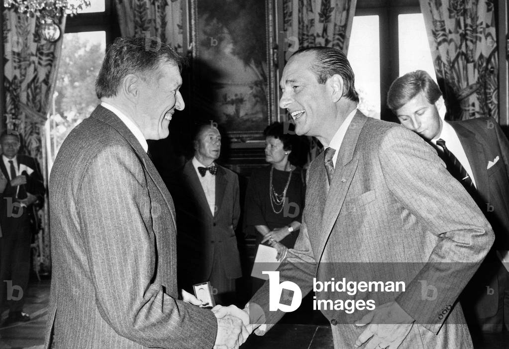 Professor Christian Cabrol Receiving Prize From Jacques Chirac June 2, 1986 (b/w photo)