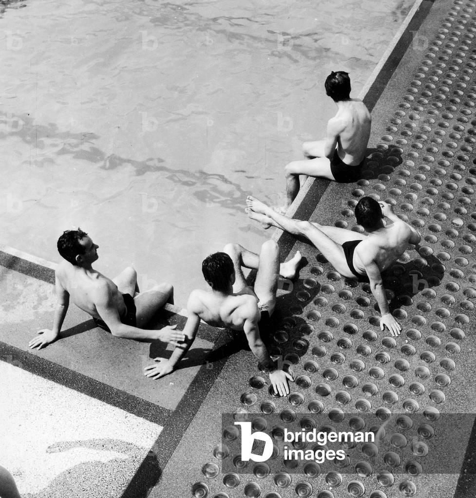 Bathers in Molitor Swimming Pool in Paris July 11, 1955 (b/w photo)