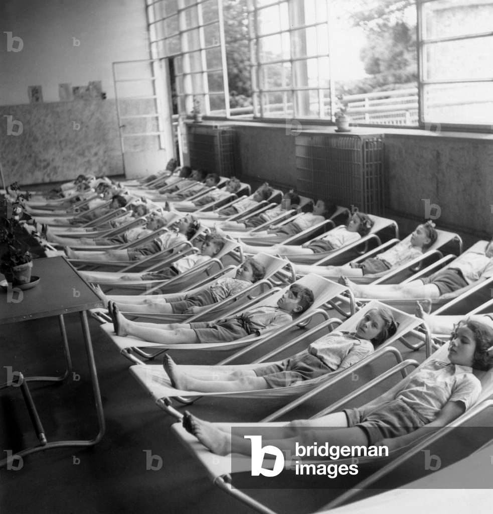 Model Primary School in Suresnes (France) on June 19, 1946 : The Siesta (b/w photo)
