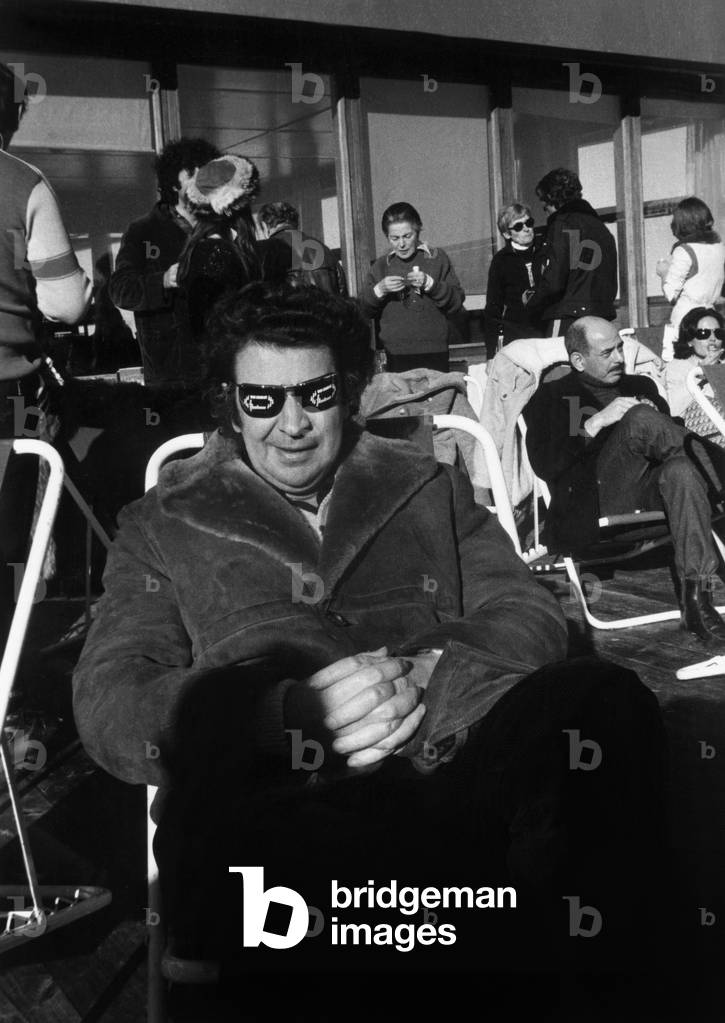 Mikis Theodorakis at 10Th Anniversary of Flaine Winter Resort, Alps, December 20, 1977 (b/w photo)