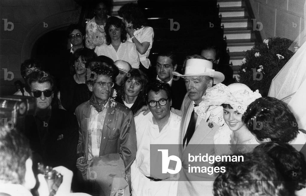 8Th Wedding of Eddie Barclay : L-R : Eddy Mitchell, Darry Cowl, Claude Nougaro, Eddie Barclay, Caroline Giganti June 3, 1988 in Levallois Perret, France (b/w photo)