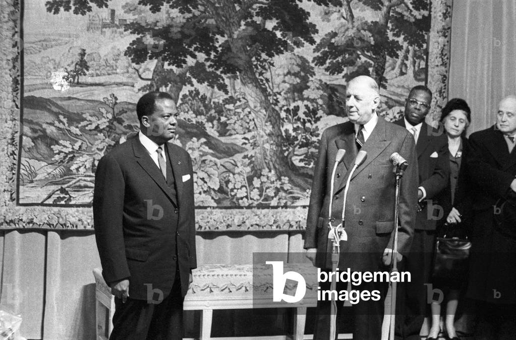 Hubert Maga, President of Benin, Welcome By French President Charles De Gaulle, at The Station in Bry-Sur-Marne, France, October 25, 1961 (b/w photo)