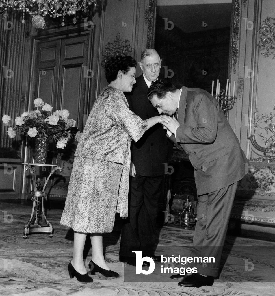 French President Charles De Gaulle and Wife Yvonne Receiving General Governor of Algeria Jacques Soustelle in Elysee Palace May 27, 1959 during The War of Algeria (b/w photo)