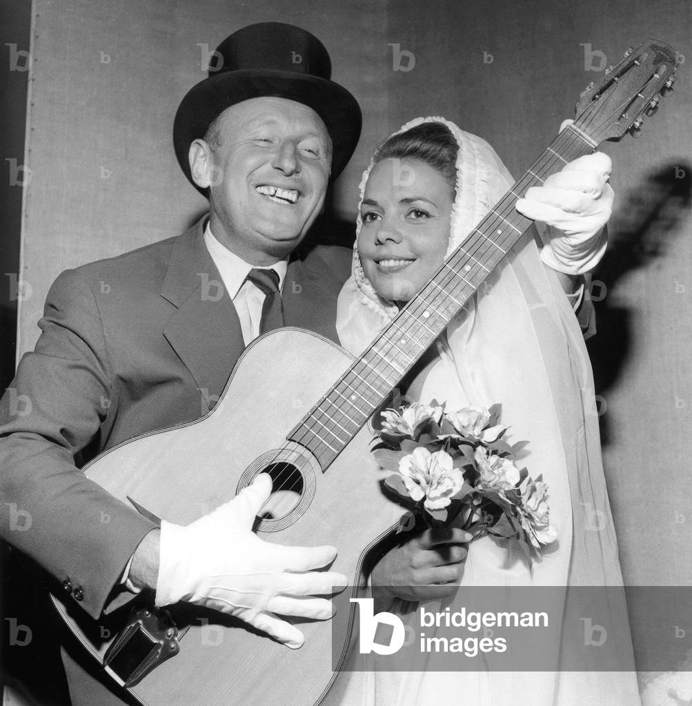 French Comedians Bourvil and Pierrette Bruno during Rehearsal of Play La Bonne Planque September 25, 1962 (b/w photo)