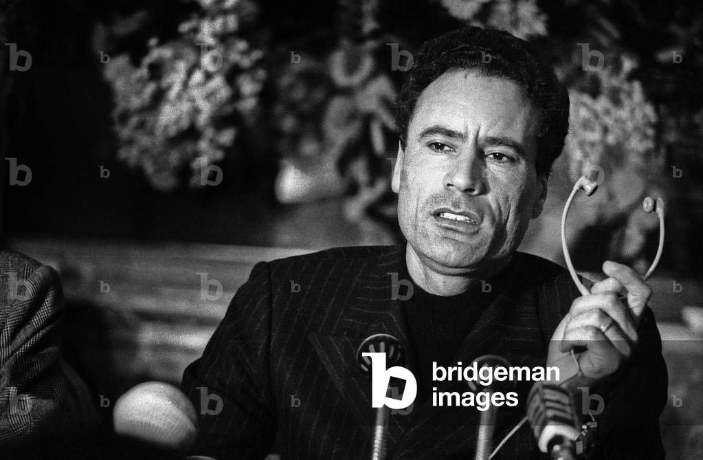 Mouammar Kadhafi, Head of Libyan State, here during Press Conference November 26, 1973 (b/w photo)