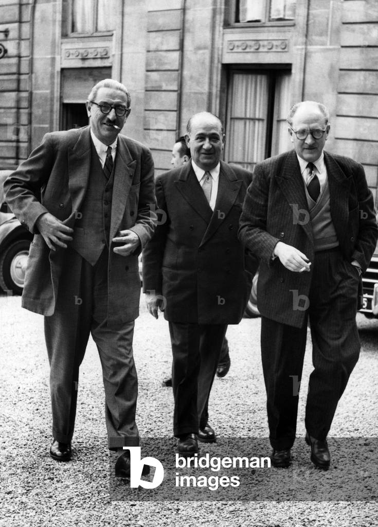 Socialist Delegates From Left to Right Mr Jules Moch Charles Lussy And Guy Mollet Arriving At L'Elysee's Palace For A Meeting With President Vincentauriol On 19 June 1953 (b/w photo)