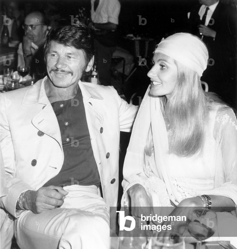 Actors Charles Bronson and his Wife Jill Ireland during Reception in Nice (On The Riviera, France) For Beginning of Film Cold Sweat July 27, 1970 (b/w photo)