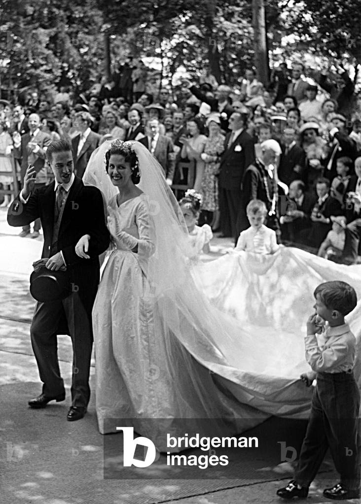 Wedding of The Prince Henri of Orleans, Count of Clermont, and Marie Therese of Wurtemberg, Duchess of Montpensier : here Leaving The Royal Chapel in Dreux (France) After Religious Ceremony on July 5, 1957 (b/w photo)