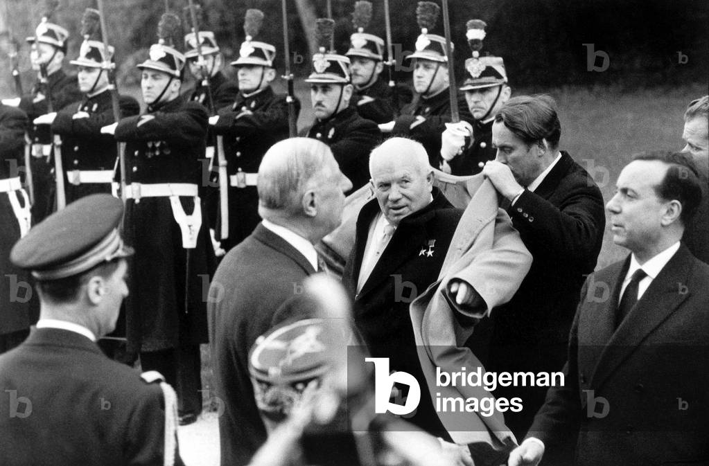 Visit of Soviet Leader Khrouchtchev in France here Leaving Rambouillet With French President De Gaulle and Michel Debre and Toulvent. April 3, 1960. (b/w photo)