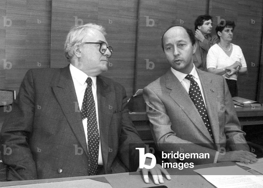 French Socialist Politicians Pierre Mauroy and Laurent Fabius, September 25, 1991 (b/w photo)
