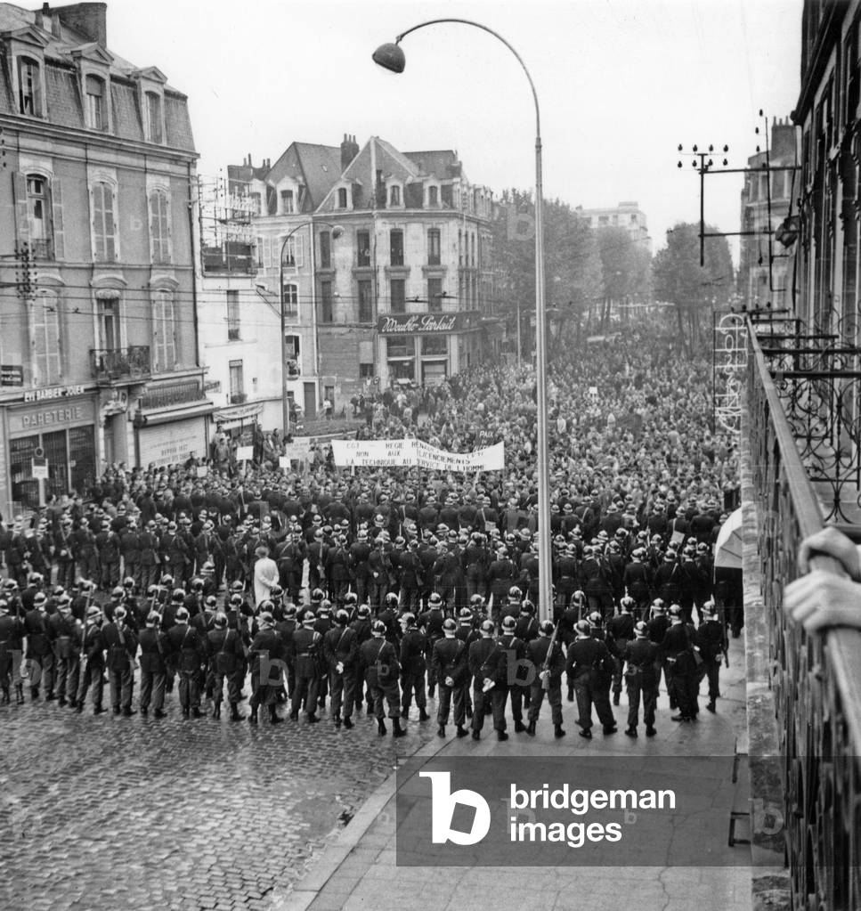 Demonstration of Workers of Renault Car Factory in Le Mans, France, October 26, 1960 : here Riot Squad Facing Demonstrators (b/w photo)
