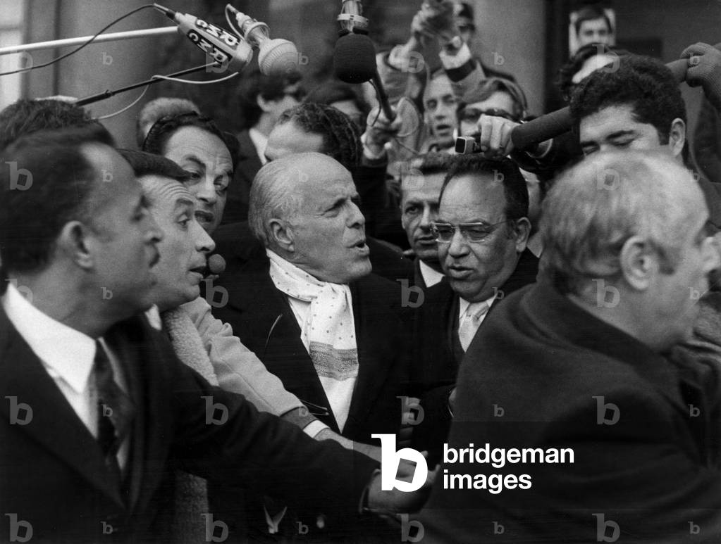 Habib Bourguiba, Tunisian President, and his Minister Mohamed Masmoudi in Paris, December 12, 1973 (b/w photo)
