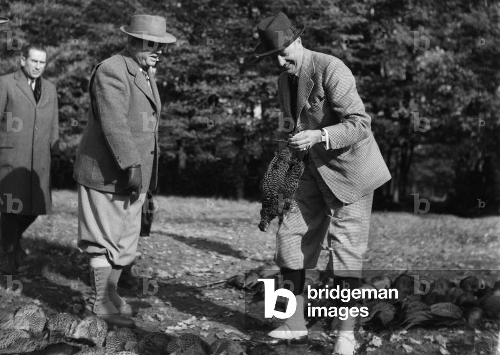 The President of the Republic Vincent Auriol and David Bruce, Ambassador of the United States to Paris, During A Battue, October 29, 1950 (b/w photo)