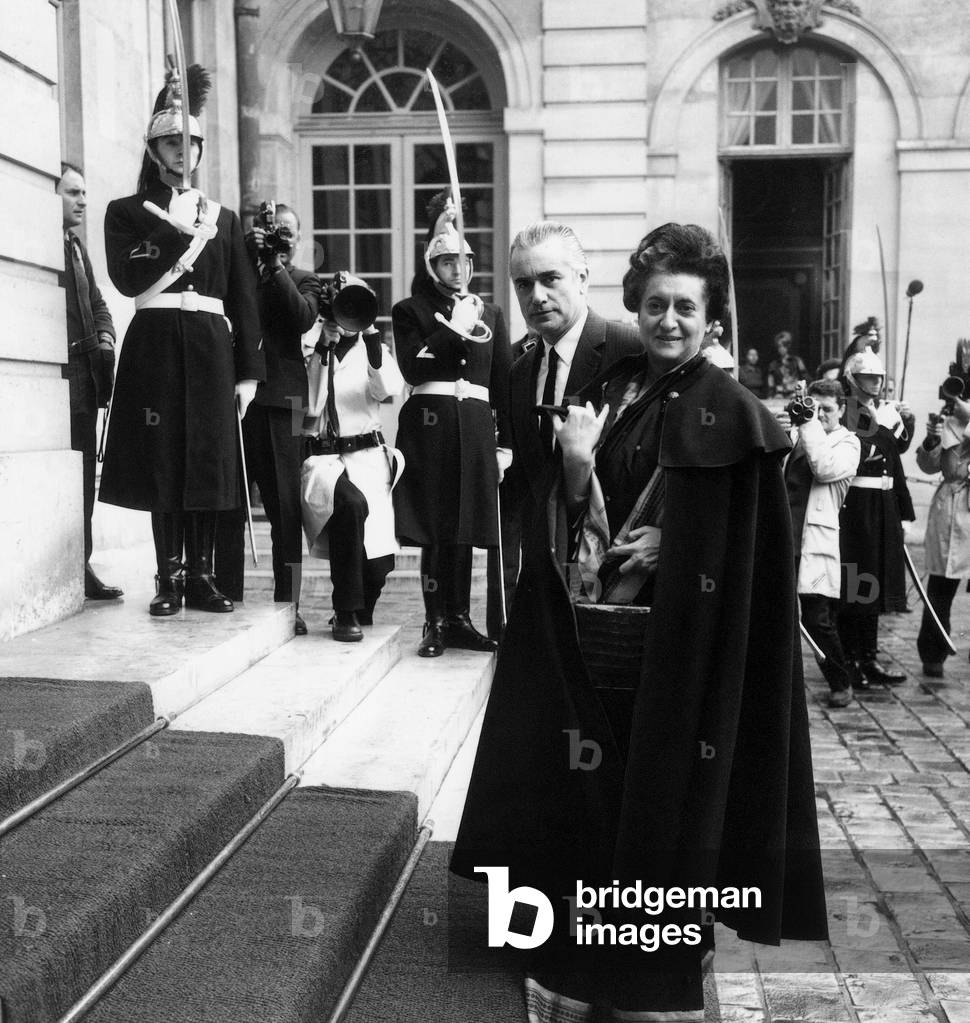 French Prime Minister Jacques Chaban Delmas and Indian Prime Minister Indira Gandhi at Matignon Hotel in Paris November 8, 1971 (b/w photo)
