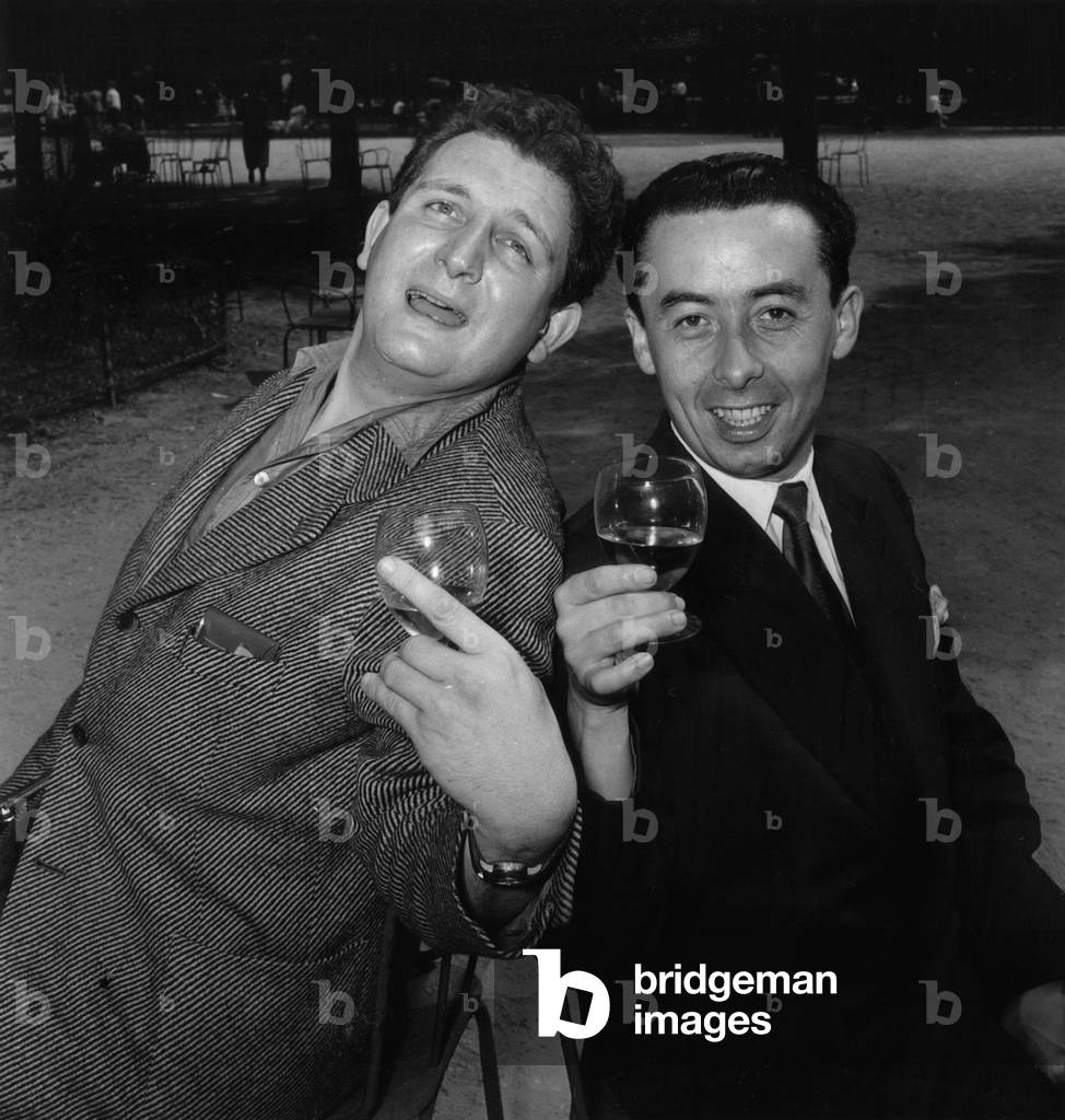 Jacques Fabbri (L) and Charles Charras at Moliere Prize on June 24, 1955 (b/w photo)