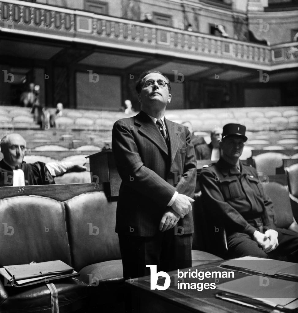 Jean Berthelot (French Secretary of State To The Transports during Vichy Regime) here during his Trial, Paris, July 9, 1946 (b/w photo)