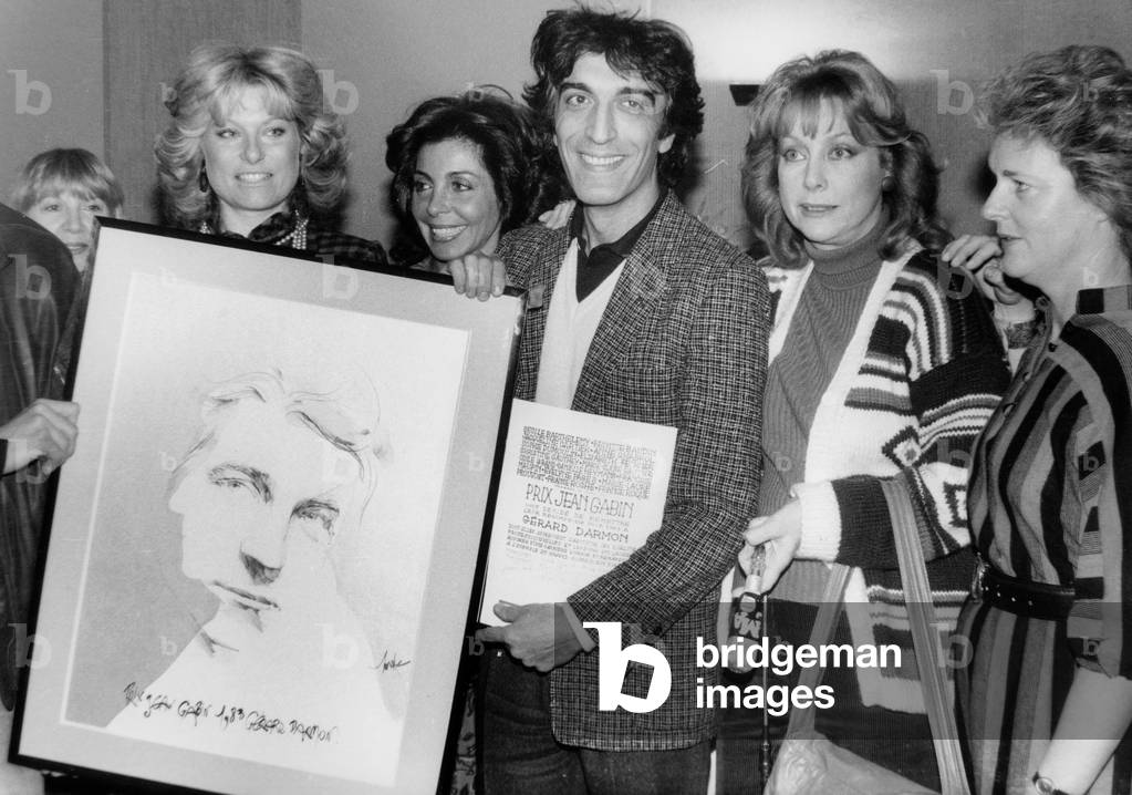 Actor Gerard Darmon Receiving Acting Prize February 17, 1983, here With Florence Moncorge (Gabin) Daughter of Jeangabin, Evelyne Pages and France Roche (Member of The Jury) (b/w photo)